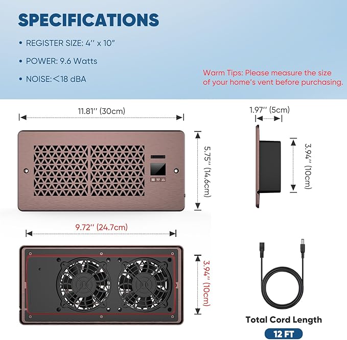 Register Booster Fan for 4" x 10" Register Holes with Remote Control and Thermostat, 10-Speeds Floor Vent Fans Booster - Enhances AC Heating&Cooling Airflow, Quiet Air Duct Fan for Wall, Bronze