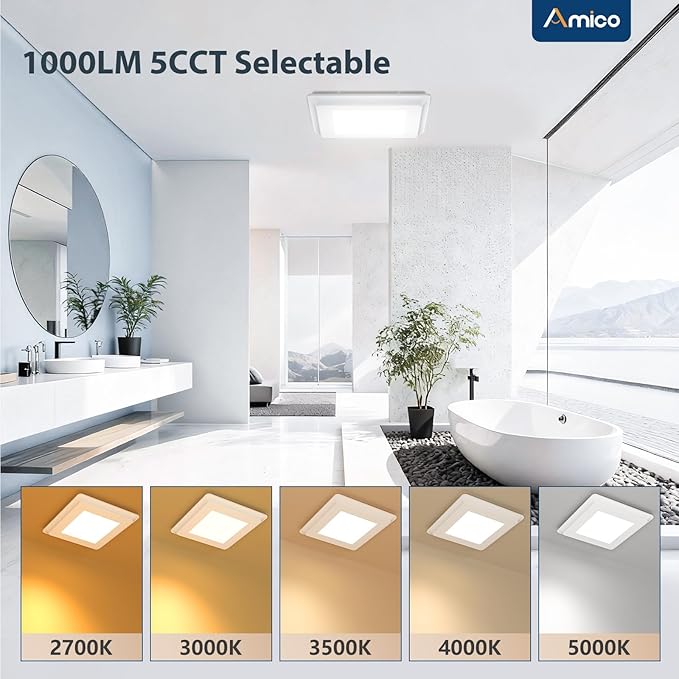 Amico Bathroom Exhaust Fan with Light, 80 CFM, 0.9 Sones, 5CCT, Easy Retrofit without Attic Access, Adjustable Bathroom Fan with light, Quiet Operation, ETL & FCC Certified