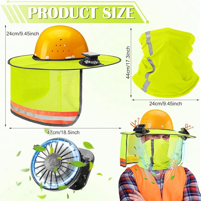 2 Sets Sun Hard Hat Shade Neck Protection with Solar Fans, Full Brim High Visibility Sun Visor Mesh Bandana Scarf for Hard Hat Accessories, Reflective(Fluorescent Yellow)