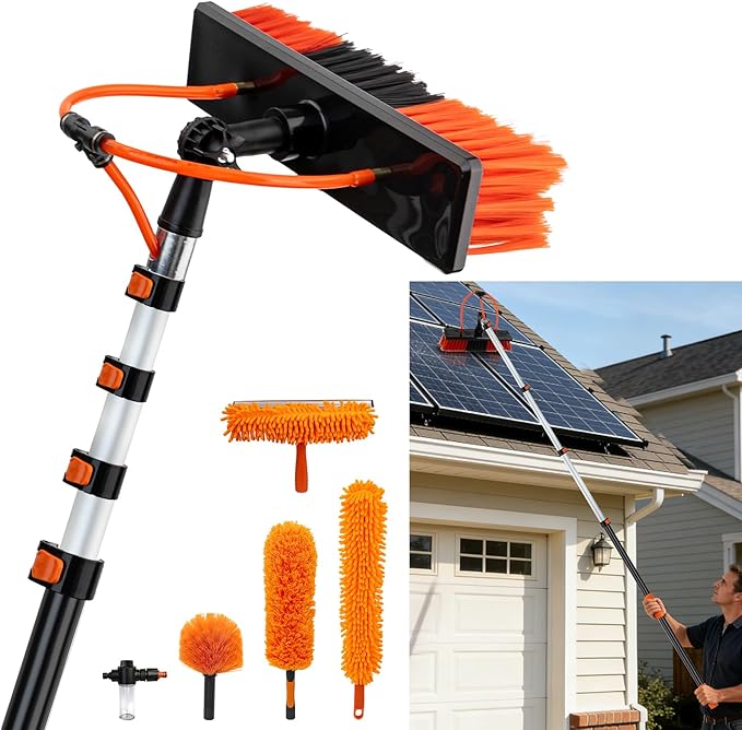 18FT Water Fed Pole Window Cleaning System & Solar Panel Cleaning Kit, Professional Window Washing Kit with Extension Pole, 180° Rotating Brush & Soap Dispenser
