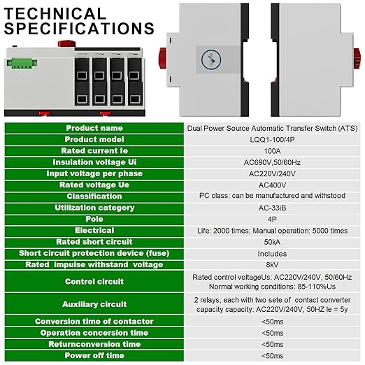 AC220V 100Amp Automatic/Manual Transfer Switch 4P 50/60Hz, 4Poles Mini ATS Auto Dual Power Switch Automatic Changeover Fast Transfer for Home Generator, Soalr, Rv and Lv Power