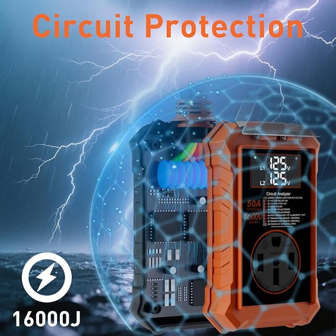 Rv Surge Protectors 50 Amp,16000 Joules Rv Circuit Analyzer with Waterproof Cover Safety Certification Led Display,Rv Voltage Protector for Camper, Travel Trailers (Orange, 50A)