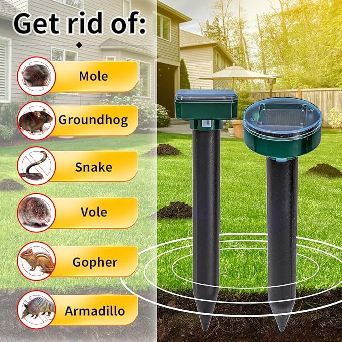 8PK New Green Mole Repellent for lawns Gopher Repellent Ultrasonic Solar Powered Snake Repellent Deterrent Mole Repeller Vole Repellent Outdoor Lawns Garden Yard All Pests Sonic Spikes Stakes Chaser