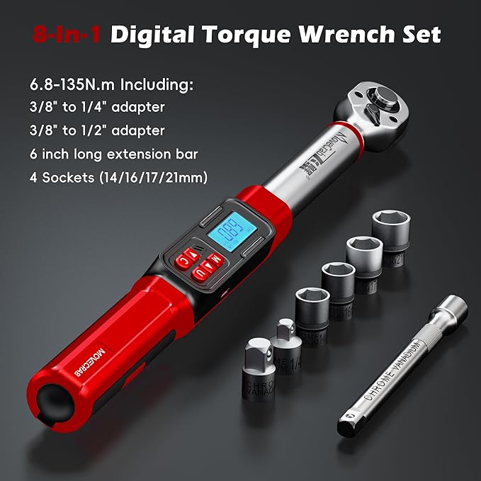 Digital Torque Wrench, 3/8" Drive 5-99.6 Ft.lb/6.8-135 N.m, Electronic Torque Wrench with Buzzer & LED Indicator, Rachet Torque Wrench Set for Bike Motorcycle Car Tire Auto Repair