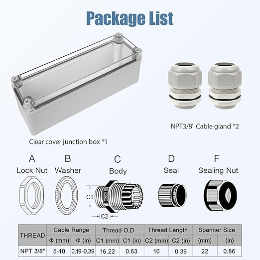 LeMotech Junction Box IP67 Waterproof Dustproof Electrical Box Project Box DIY Enclosure Gray with Transparent Clear Cover, External Size 9.8x3.1x3.3in (250x80x85mm)