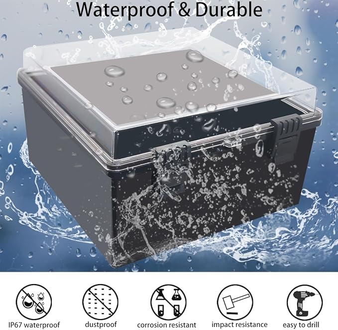 Junction Box, Hinged Black Clear Cover IP67 Waterproof ABS Project Box with Mounting Plate Electrical Box Enclosure with Wall Bracket 11.8 x 11.8 x 6.7inch(300x300x170mm)