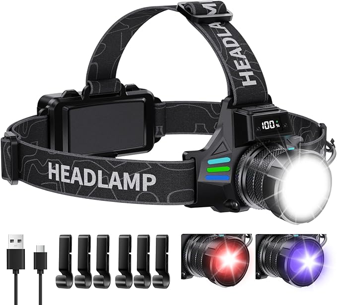 Headlamp Rechargeable with White/Red/UV/Black Light Headlight,1080 High Lumens Super Bright LED Headlamps Battery Powered,16 Modes Waterproof Head Lamp for Hardhat Hunting Pet Urine Detection
