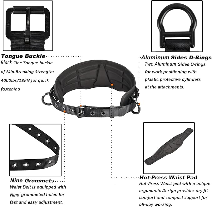 Tongue Buckle Body Belt (Aluminum Hardware) With Hot-Pressing Waist Pad and 2 Aluminum Side D-Rings Personal Protective Equipment | Waist Fitting Size 32'' to 50''
