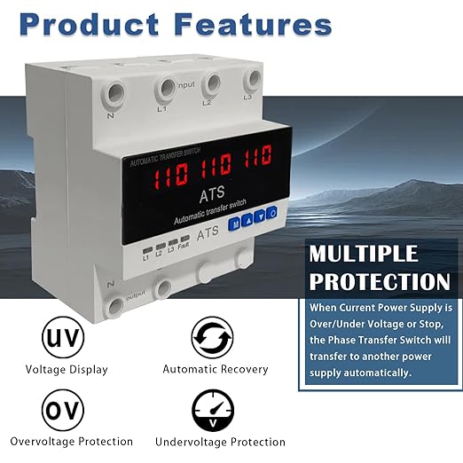 4P Automatic Transfer Switch with LCD Display, 63A Triple Power ATS with 3 Digital Displays for Input Real-Time Volrage Monitoring, Automatic Changeover for Utility/Generator/Solar