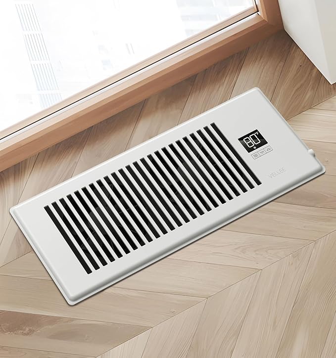 VELLEE Quiet Register Booster Fan Fits 4" x 12" (DUCT OPENING CUTOUT), 10-Speed Smart Heating Cooling AC Vent Booster Fan w/Remote Control & Thermostat Control (White) - Corded
