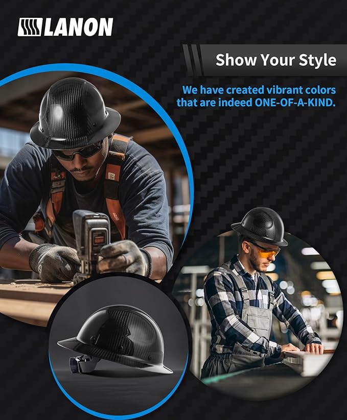 LANON Carbon Fiber Full Brim Hard Hat, OSHA Approved ANSI Z89.1 Hard Hats for Men, Construction Safety Helmet with Chin Strap, 6-Point Suspension, Classic Black Design, Class C