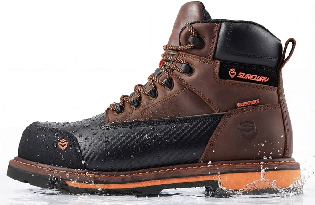 SUREWAY Men's 6" Waterproof Soft/Composite Toe Work Boots - Crazy Horse Leather Safety Shoes,GoodyearWelt Slip Resistant EH Rated Heavy Duty Construction Boots for Industrial, Roofing, Landscaping