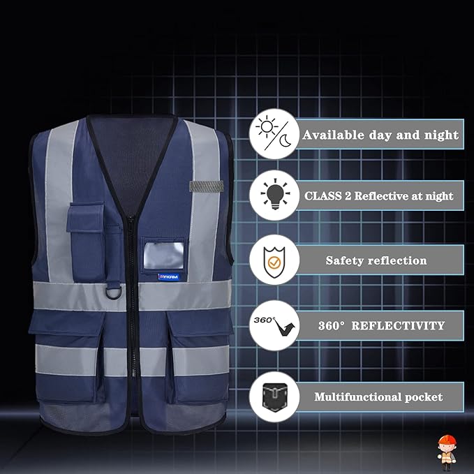 Reflective Security Safety Vests Heavy Duty with 7 Pockets and Front Zipper