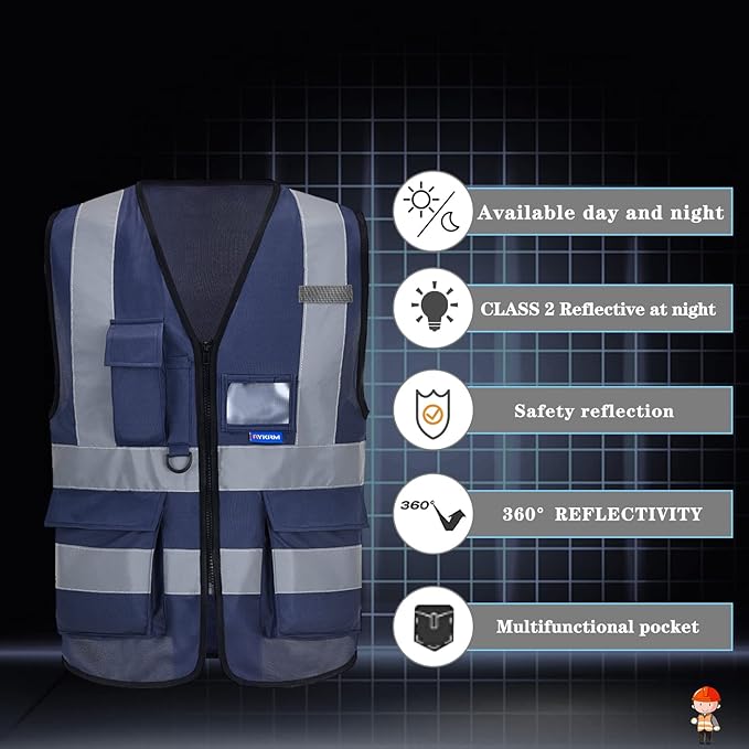 navy blue safety vest with zipper pockets