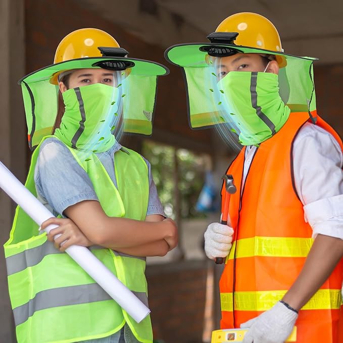 1 Set Sun Hard Hat with Solar Fan Shade Full Brim Hard Hat and Neck Sunshade Cover High Visibility Full Brim Mesh with Reflective Strip for Outdoor Summer Protection
