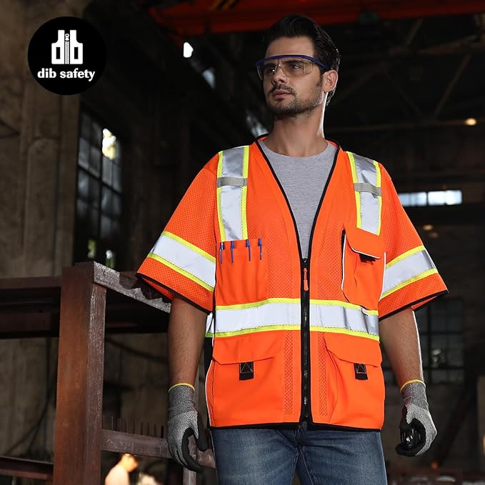Dib Safety Reflective Mesh Vest ANSI Class 3, High Visibility with Pockets and Zipper, Made with 3M Reflective Tape, Orange M