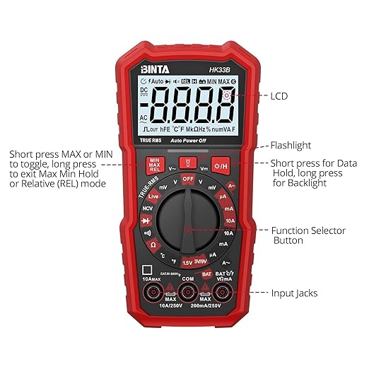 BINTA Digital Multimeter 2000 Counts with AC/DC Voltage, 1.5V/3V/9V Battery Tester Ohm Volt Amp Meter, Multimeter Tester with NCV, Temperature, Diode Measuring for Automotive Home Industrial