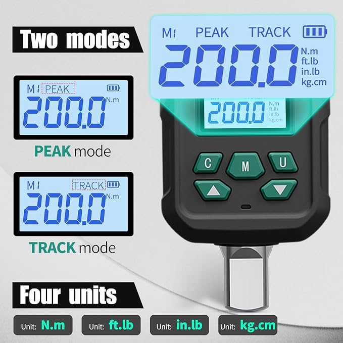 1/2" Digital Torque Adapter Set with Socket Adapters (1/4", 3/8") - ±2% Accuracy, 7.4-147.5 ft-lb, Buzzer & LED Alerts, Working with Ratchet Wrench, Breaker Bar - For Automotive, Motorcycle & Car