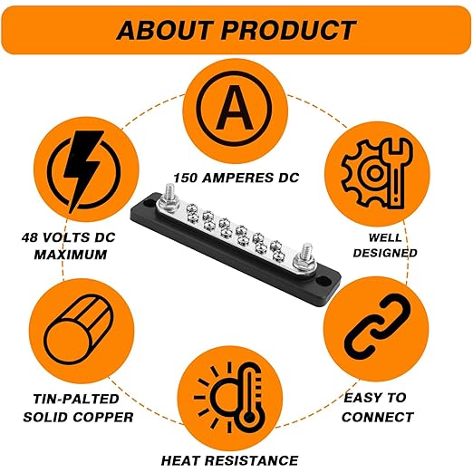Common Busbar Power Distribution Block Battery Terminal Block for Car & Marine Applications 1/4" M6 150A with Dustproof Cover & Screw CBB (12 Poles)