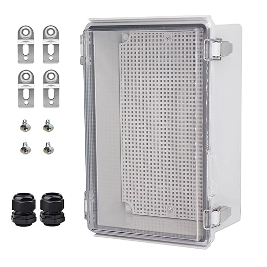 Waterproof Electrical Box with Mounting Plate, IP67 Junction Box Stainless Steel Latch Hinged Clear Cover Project Enclosure with Wall Bracket and 2 Glands 10.2" x 6.3" x 3.9"