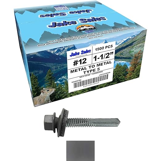 12 x 1-1/2" Charcoal Type 5 Drill Point Roofing Screws - Hex Washer Head - Self-Starting/Tapping - EPDM Washer 6 X 250 Bags - 1,500 Screws