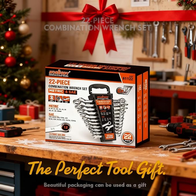 HORUSDY 22-Piece Wrench Set | Metric & SAE Combination Wrench Set with Organizer | 12 Point | Chrome Vanadium Steel