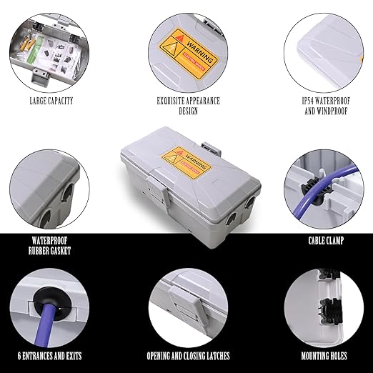 Medium Outdoor Electrical Box (10.3 x 5.9 x 3.7 in),IP54 Waterproof Extension Cord Connection Box with 6 Cable Entry Ports,Large Weatherproof Outlet Cover for Power Strip,Holiday Lights,Plug&Timer