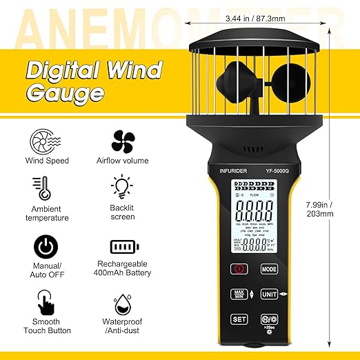 Digital Cup Anemometer, Handheld Wind Speed Meter with Anti-dust Touch Button, Rechargeable Wind Gauge CFM Meter, Waterproof, LCD Backlight, Wind Tester for Wind Volume, Wind Chill