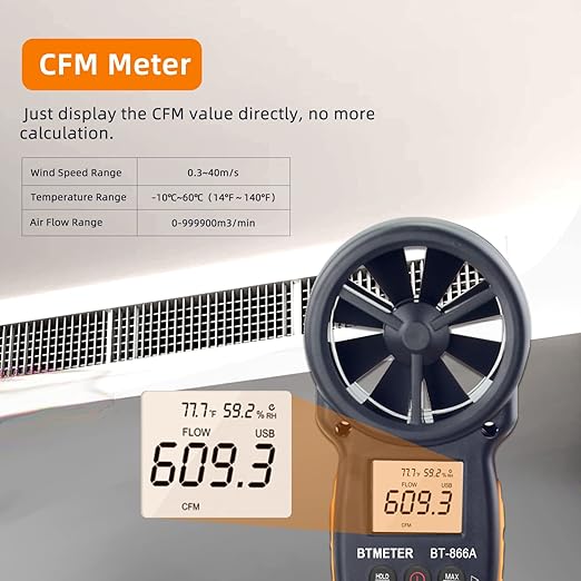 BTMETER BT-866A Pro Handheld HVAC Anemometer for CFM Air Flow, Wind Speed Meter Gauge Measures Wind Velocity Temp%RH Dew Point with USB Sync to PC