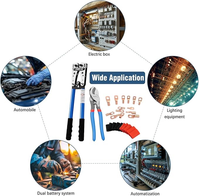 Battery Cable Lug Crimping Tool for AWG 10-1/0 Electrical Lug, with Cable Cutter 64pcs Ring Terminals and 70pcs Heat Shrink Tubing