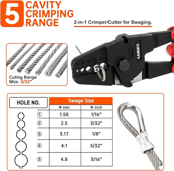 Sanuke 24 Inch Hand Swaging Tool, Wire Rope Crimping Tool 5 Cavity 1/16" 3/32" 1/8" 5/32" 3/16", Crimping and Cutting Combo Cable Crimper, Hand Swager Tool