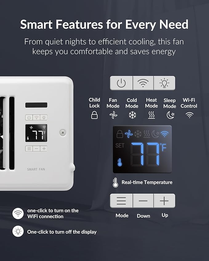 Super Quiet Register Booster Fan for 6" x 12" Register Holes, Smart Register Vent with Dual Intelligent Thermostat and WIFI App Control, Heating Cooling AC Vent Fan (White)