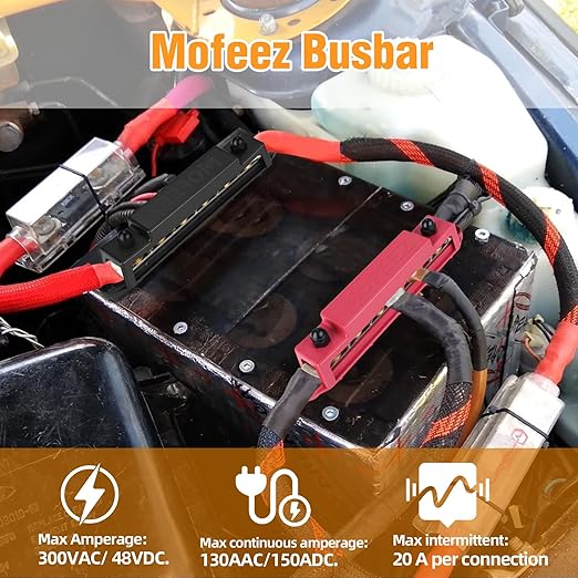 MOFEEZ Power Distribution Block Bus Bar, 6 x 3/8" Posts, 10 x #8 Screws Terminals, Max 48V 250A (Pair, Red & Black)