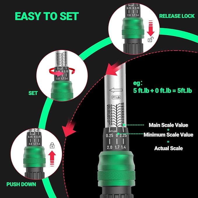 3-Piece Torque Wrench Set - 3 Click Wrenches (1/4", 3/8", 1/2") with 3pc Extension Bars, Pro 72-Tooth Ratchet, ±3% Accuracy, for Automotive, Motorcycle & E-Bike