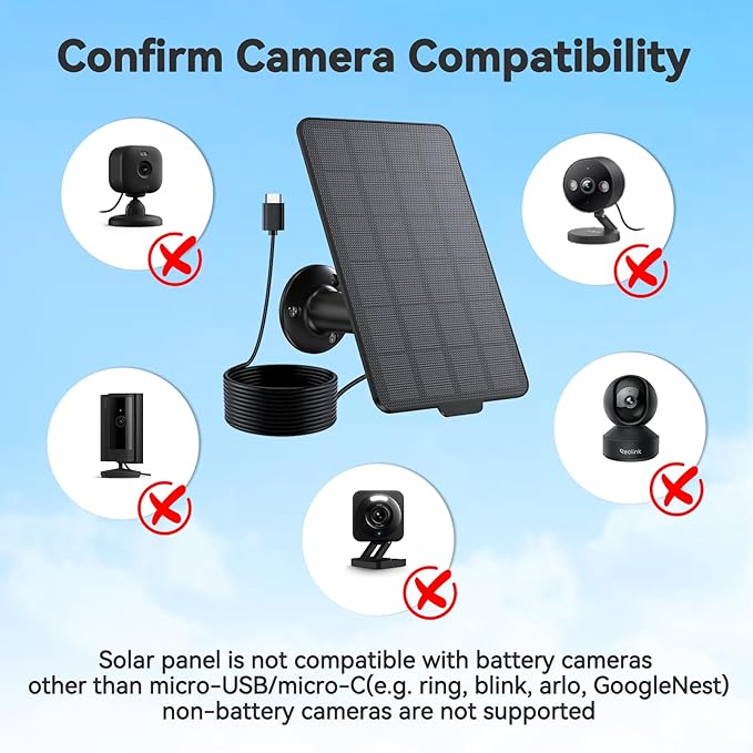 3W Solar Panel for Battery-Powered Security Cameras,USB-C & Micro USB Solar Charger for Wireless Outdoor Cameras,IP65 Waterproof, 9.8ft Cable, 360° Adjustable Mount (Black, 2 Pack)