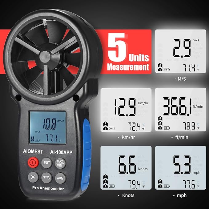 AIOMEST Digital Anemometer AI-100APP Wind Speed Measuring Device Android/iPhone Compatible W/Data Logging for Air Flow Velocity Wind Temperature Wind Chill Gauge Tester