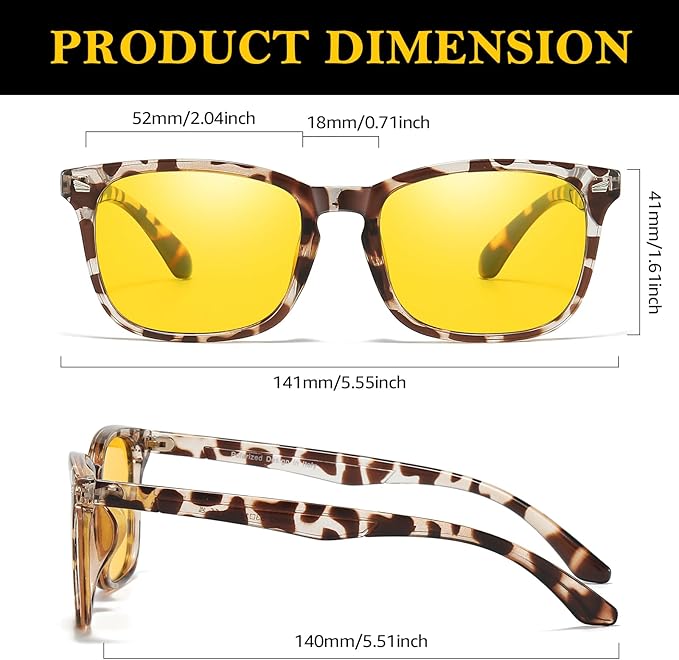 TJUTR Night Vision Driving Glasses for Men & Women, Polarized Anti Glare Yellow Lens Glasses for Night Time Safety TN2582N