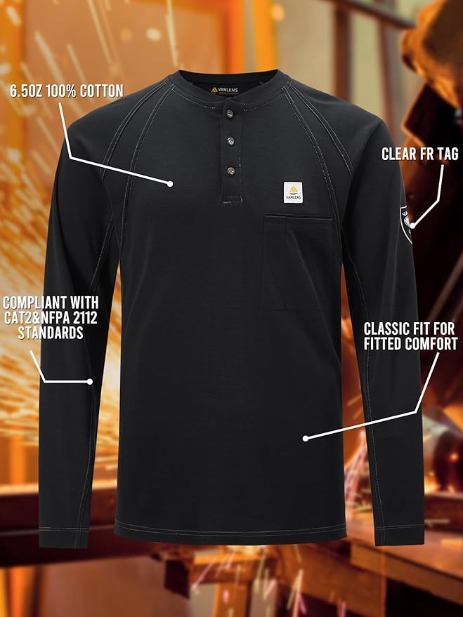 FR Shirts for Men Light Weight Flame Resistant Henley Shirts Long Sleeve Shirts HRC2/CAT2 6.5oz 100% Cotton