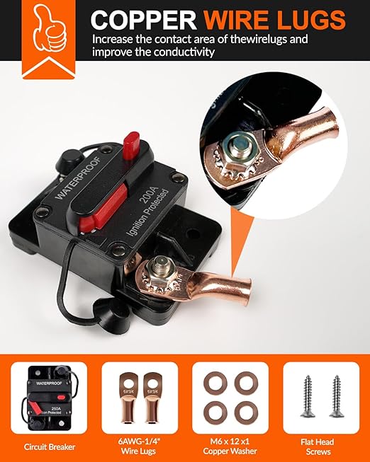 50 Amp Car Circuit Breaker with Manual Reset, Waterproof Fuse Holder for Trolling Motor, Marine, and Automotive Applications, 12V- 48V DC (50A)