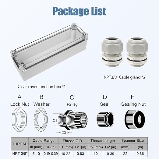 LeMotech Junction Box IP67 Waterproof Dustproof Electrical Box Project Box DIY Enclosure Gray with Transparent Clear Cover, External Size 9.8x3.1x2.8in (250x80x70mm)