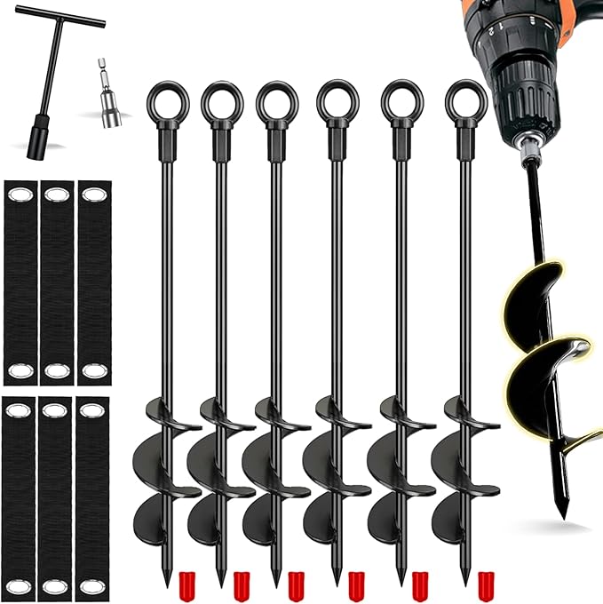 Ground Anchors Screw in, 6 Pack Spiral Trampoline Anchors with Nut and Tool Swing Set Anchors Tent Stakes High Wind Heavy Duty Earth Anchors for Sheds Canopies Carports Mobile Home