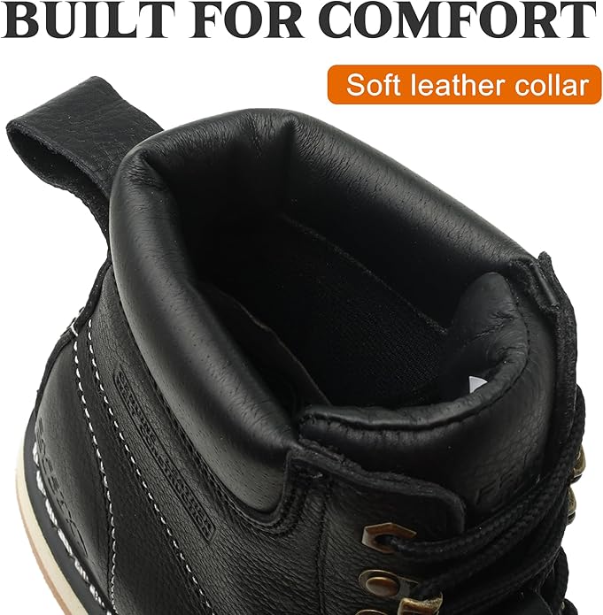 Moc Toe Work Boots for Men Waterproof Soft/Steel Toe Comfortable Full Grain Leather Non Slip Wedge Outsole Construction 6" Workboots
