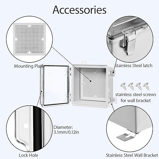 LeMotech Electrical Box, IP67 Waterproof Hinged Clear Cover Stainless Steel Latch Junction Box, ABS Plastic Electrical Enclosure with Mounting Plate,Wall Brackets, Cable Glands,5.9"x5.9"x3.5",Grey