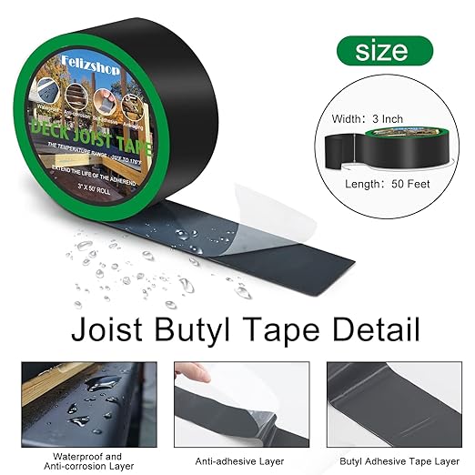 Joist Tape Deck Flashing Tape Butyl Tape 3" x 50' Upgraded Widening Weatherproof Deck Joist Tape for Flashing Deck Joists Building Joists and Beams, Anticorrosive(2 Rolls)