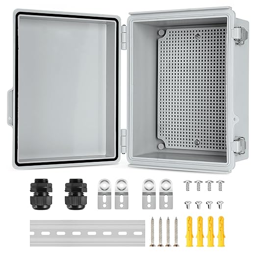 Waterproof Electrical Junction Box Outdoor, IP67 Plastic Weatherproof Electrical Enclosure for WiFi Electronics, with Aluminum DIN Rail, Mounting Plate, Wall Brackets (8.7''x6.7''x4.3)