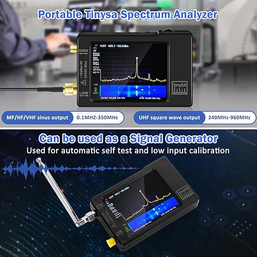 Portable Tinysa Spectrum Analyzer, AURSINC V0.3.1 Handheld Frequency Analyzer, Signal Generator 100kHz to 960MHz MF/HF/VHF UHF Input ESD Protected Function with 2.8 inch Touchscreen