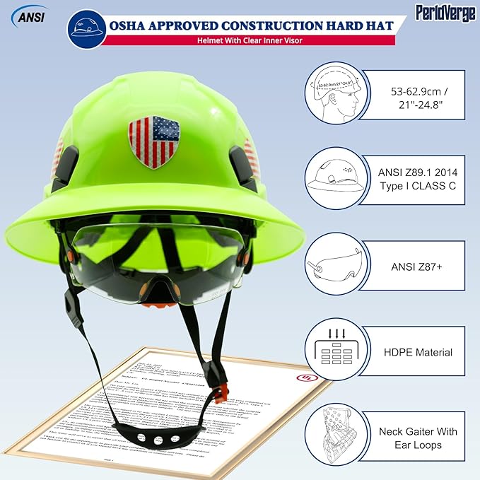 Full Brim Hard Hats Construction OSHA Approved with Visor-Vented Hard Hat with Neck Gaiter with Ear Loops,Safety Hard Hats for Men with Chin Strap ANSI Z89.1 Type 1 Class C,6-pt Suspension
