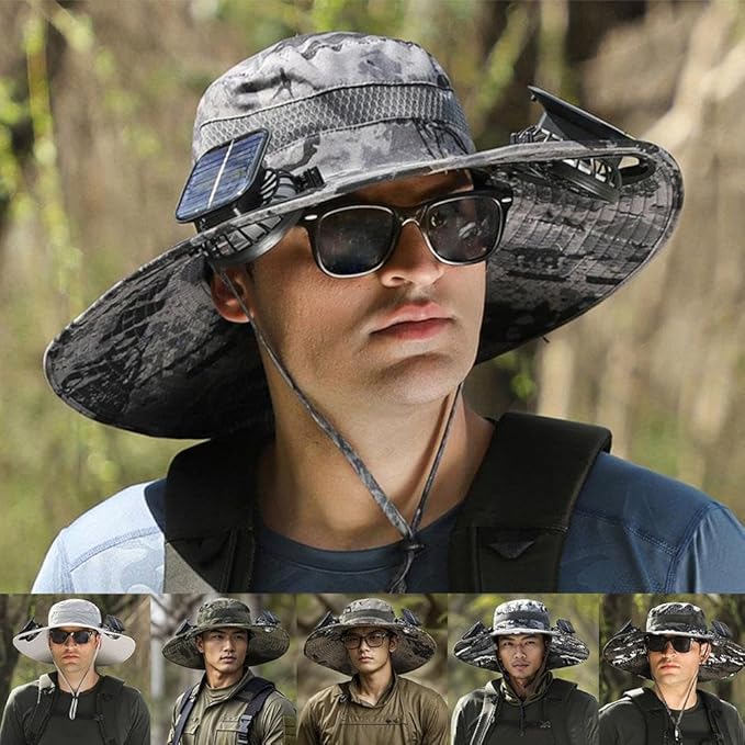 Wide Brim Sun Hat with 2 Solar Fan, Fishing Hat for Men, Solar Powered Fan Fishing Hats, 3 Speed Adjustable Fan Hat