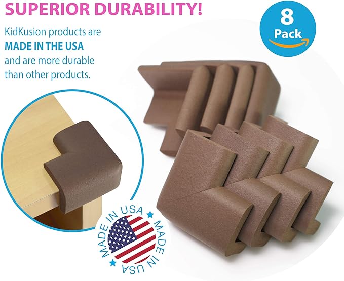KidKusion Corner Cushion | Made in USA | Brown | 8 Pack | Furniture and Corner Protector