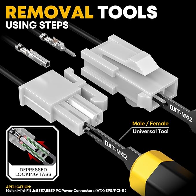 Mini-Fit Jr 4.2mm Crimping Tool Kit (2-24 Pin) with SATA & LP4 Connectors, 16-26 AWG Terminals. Ratcheting Crimper, Stripper & Extractor. Fits Molex Mini-Fit Jr for PC Modding, ATX/GPU/PSU